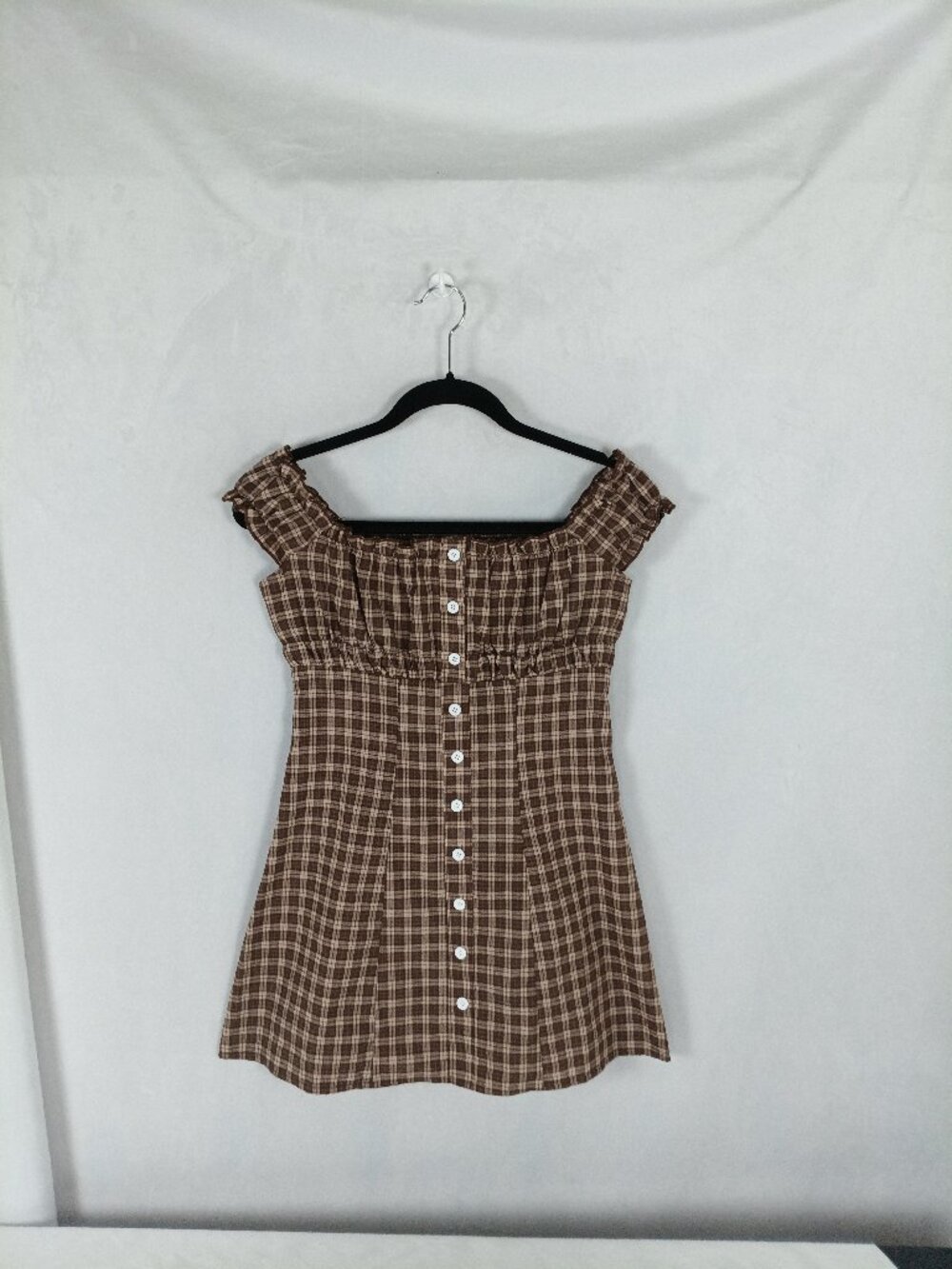 brown gingham  button up mini dress